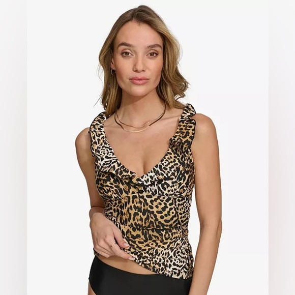 DKNY Women's Ruffled Tummy-Control Tankini Top Leopard Print Size M NWT - Picture 1 of 6